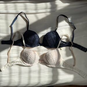 Gilly Hicks Lace Bra Set - Navy and Pink/Cream - Push ‘Em Up Plunge